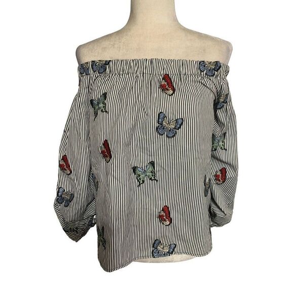 zara womens gray white striped butterfly print long sleeve top small - Picture 1 of 5